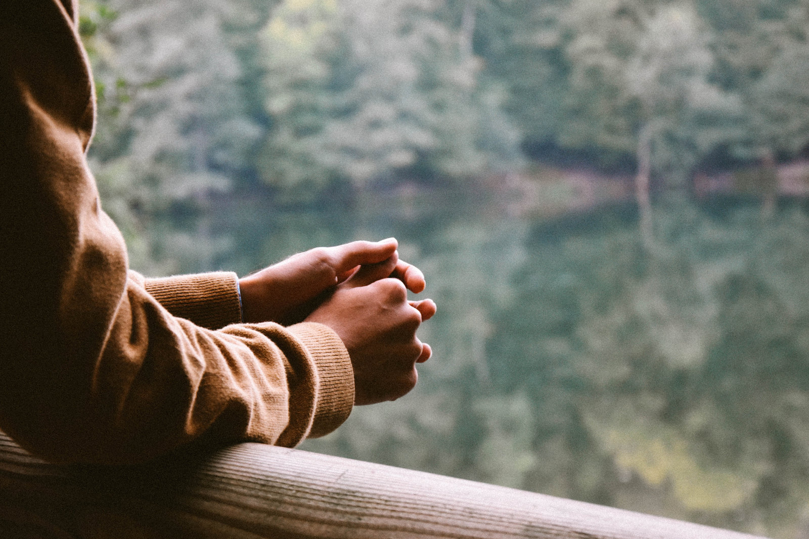 A person in a hooded jumper resting their clasped hands on a wooden rail, looking out over a wooded lake