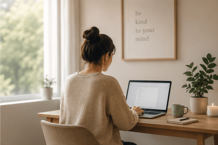 A woman at a laptop reading about therapy options at home