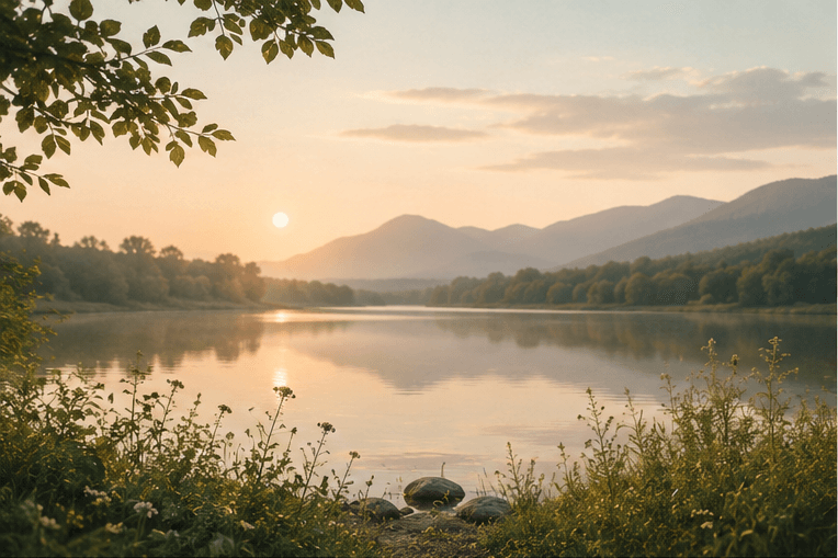 A still lake at sunrise, framed by trees and hills