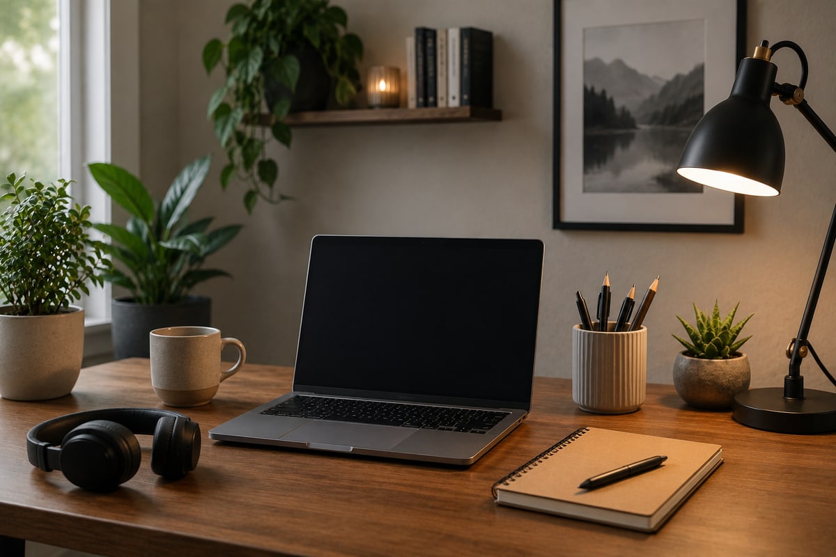 A laptop, headphones, a mug and a notebook on a tidy desk beside a window
