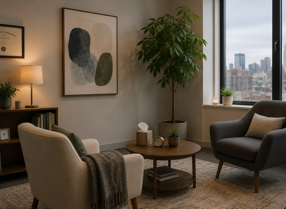 Two armchairs facing each other across a low table in a consulting room, with a city view through the window