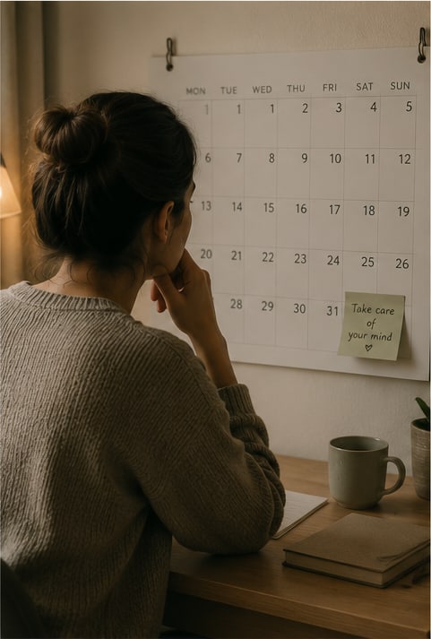 A woman resting her chin on her hand, looking at a wall calendar with a note reading take care of your mind