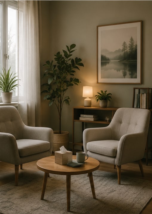 Two armchairs facing each other across a low table in a quiet, warmly lit therapy room