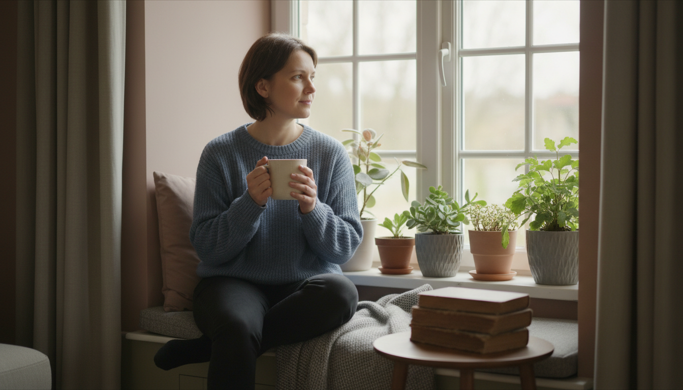 A woman sitting on a window seat holding a mug, looking out at the garden, with pot plants on the sill