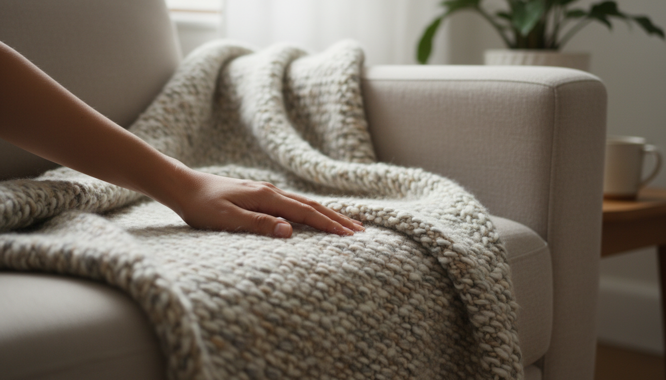 A hand resting on a chunky knitted blanket draped over an armchair