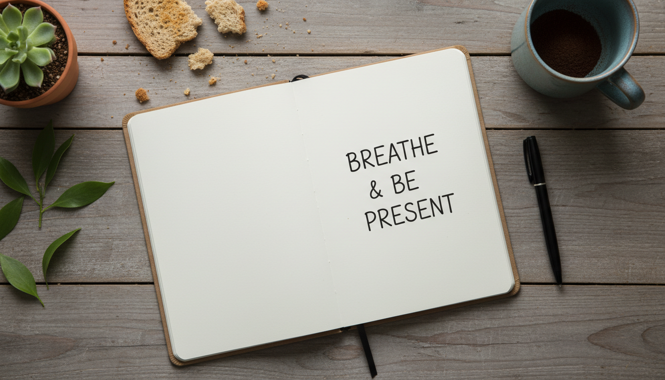 An open notebook on a wooden table with the words breathe and be present written on the page, beside a pen, a mug and a succulent