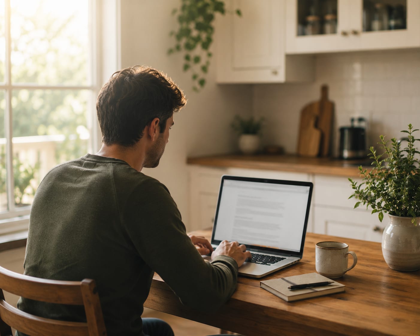 A man sitting at a kitchen table working at a laptop, a mug and notebook beside him