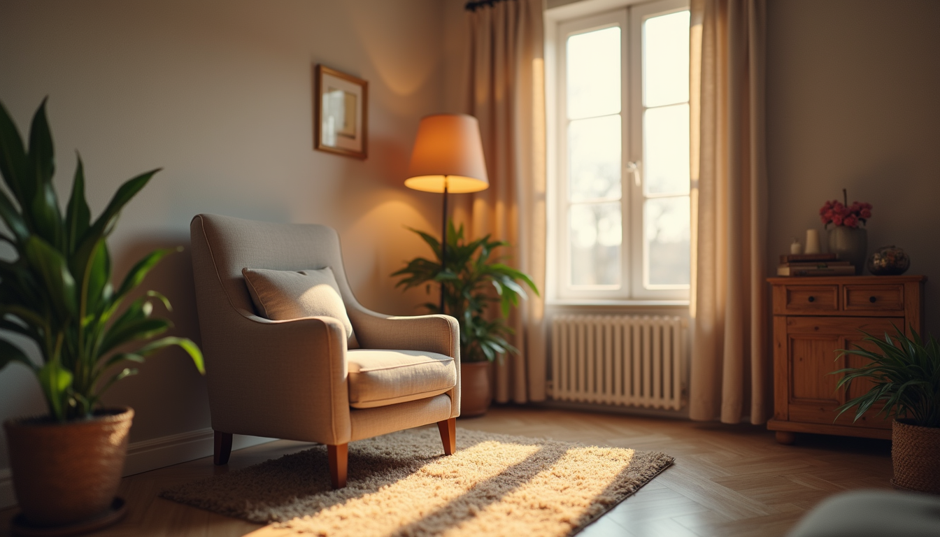 An empty armchair beside a window in a warmly lit room with a floor lamp and houseplants