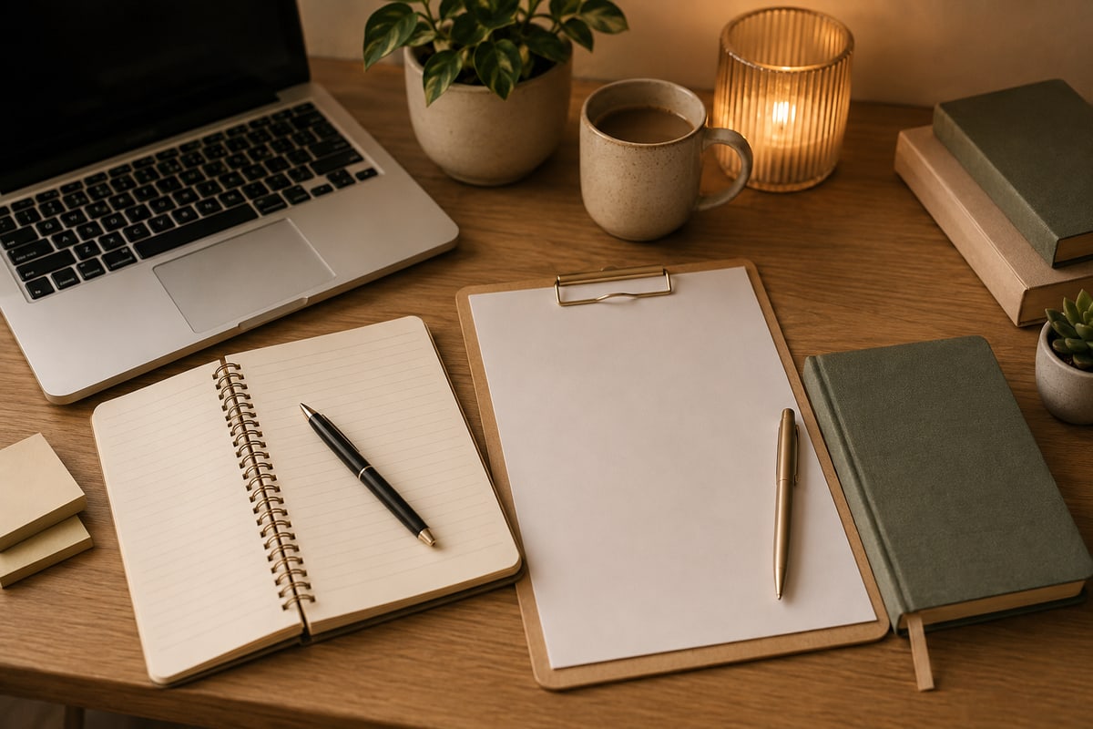 An open notebook, a clipboard with a blank sheet, a laptop and a mug of coffee on a wooden desk