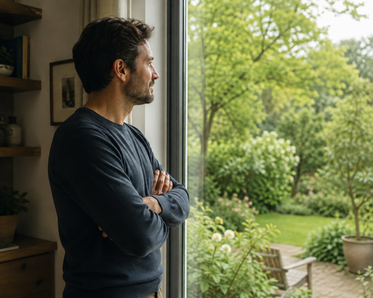 A man standing at a window with his arms folded, looking out over a green garden