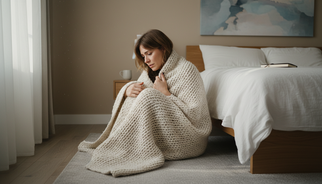 A woman sitting on the floor beside a bed, wrapped in a chunky knitted blanket, looking down