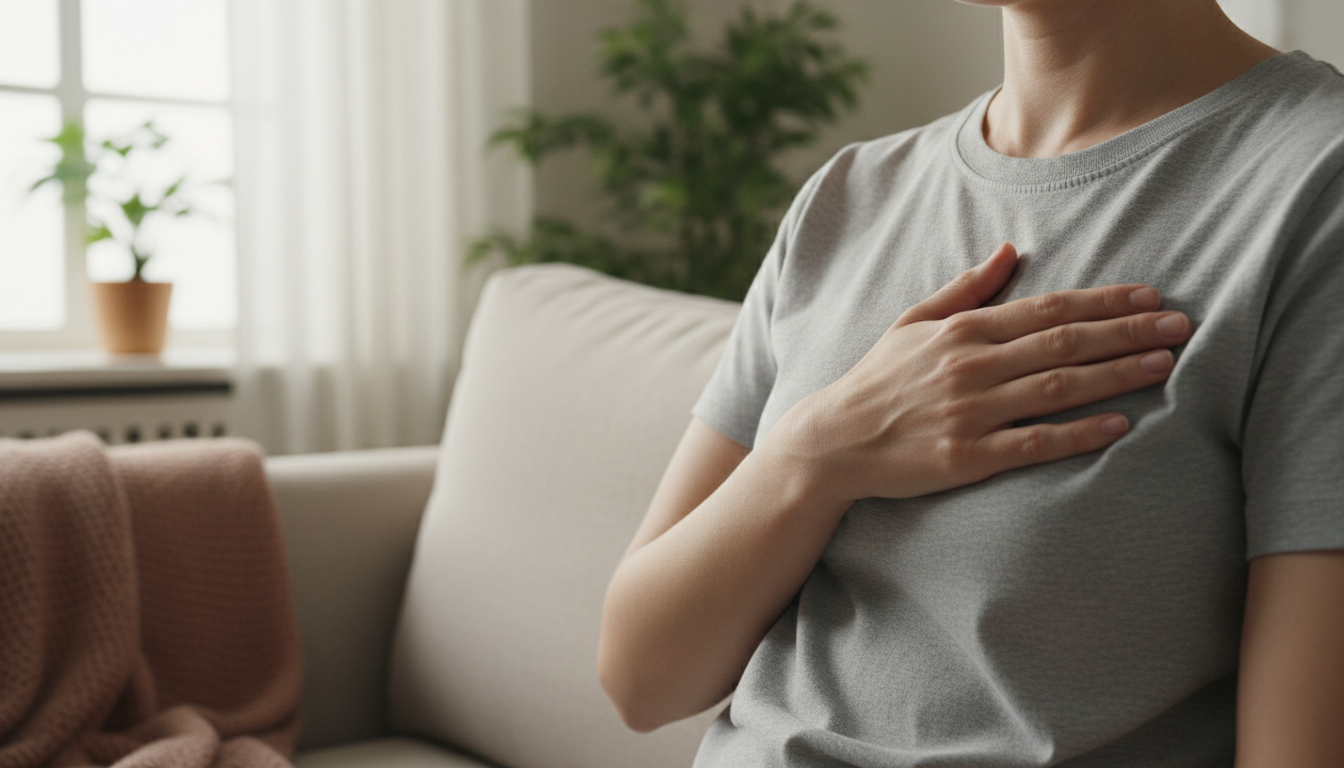 A person sitting on a sofa with one hand resting flat on their chest