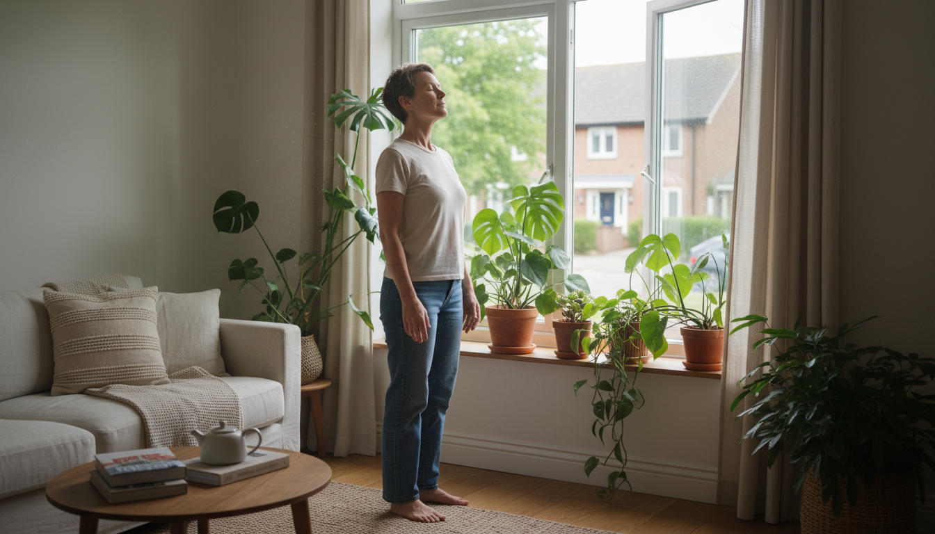 A woman standing barefoot by a window with her eyes closed, houseplants along the sill