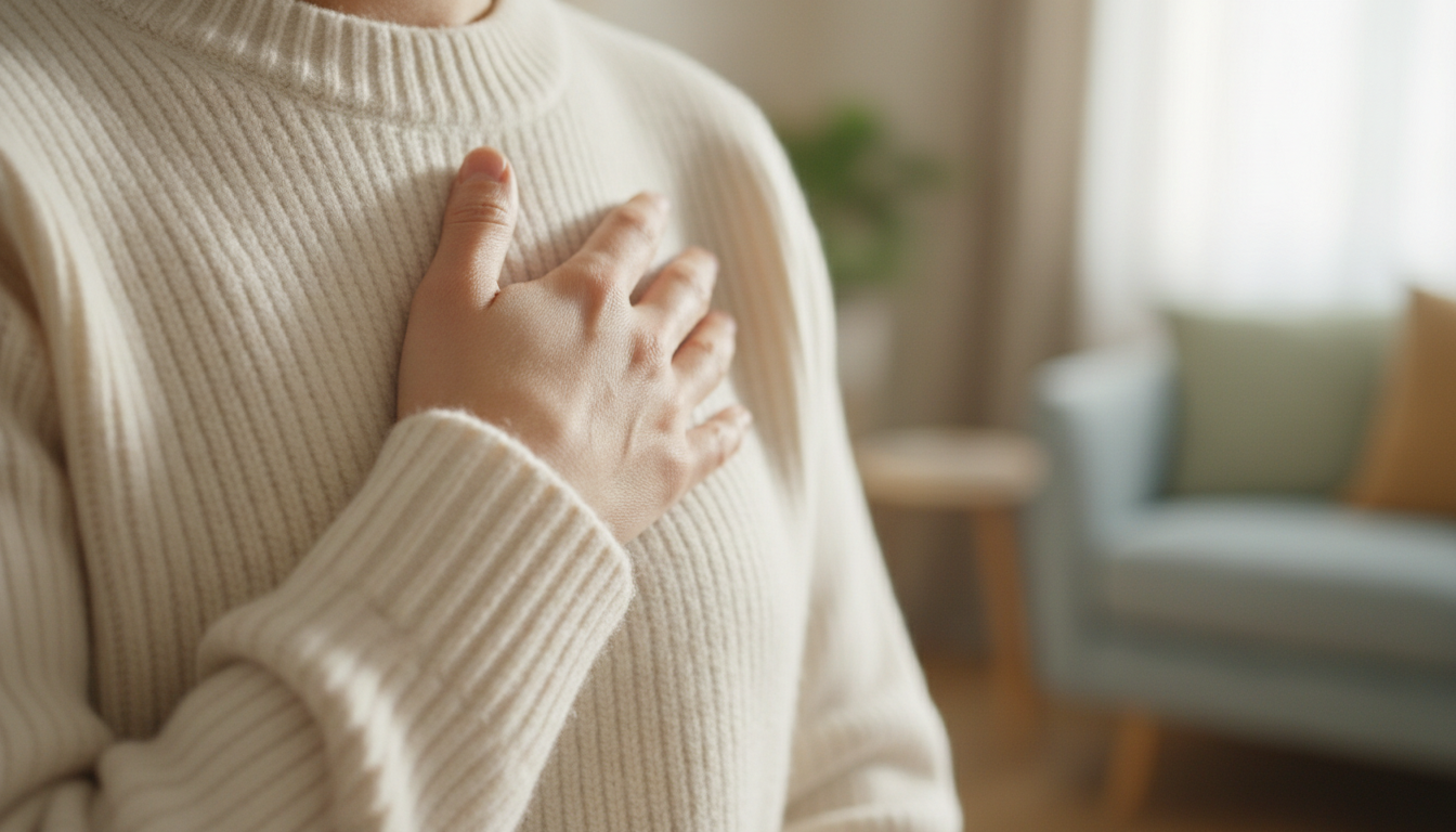 A person in a cream jumper resting one hand flat on their chest in a softly lit room