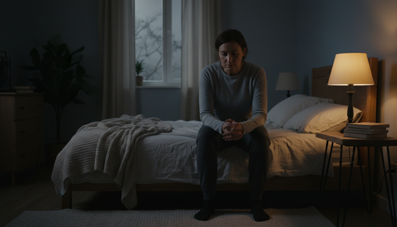 A woman sitting on the edge of a bed in a dimly lit bedroom, hands clasped, a lamp beside her