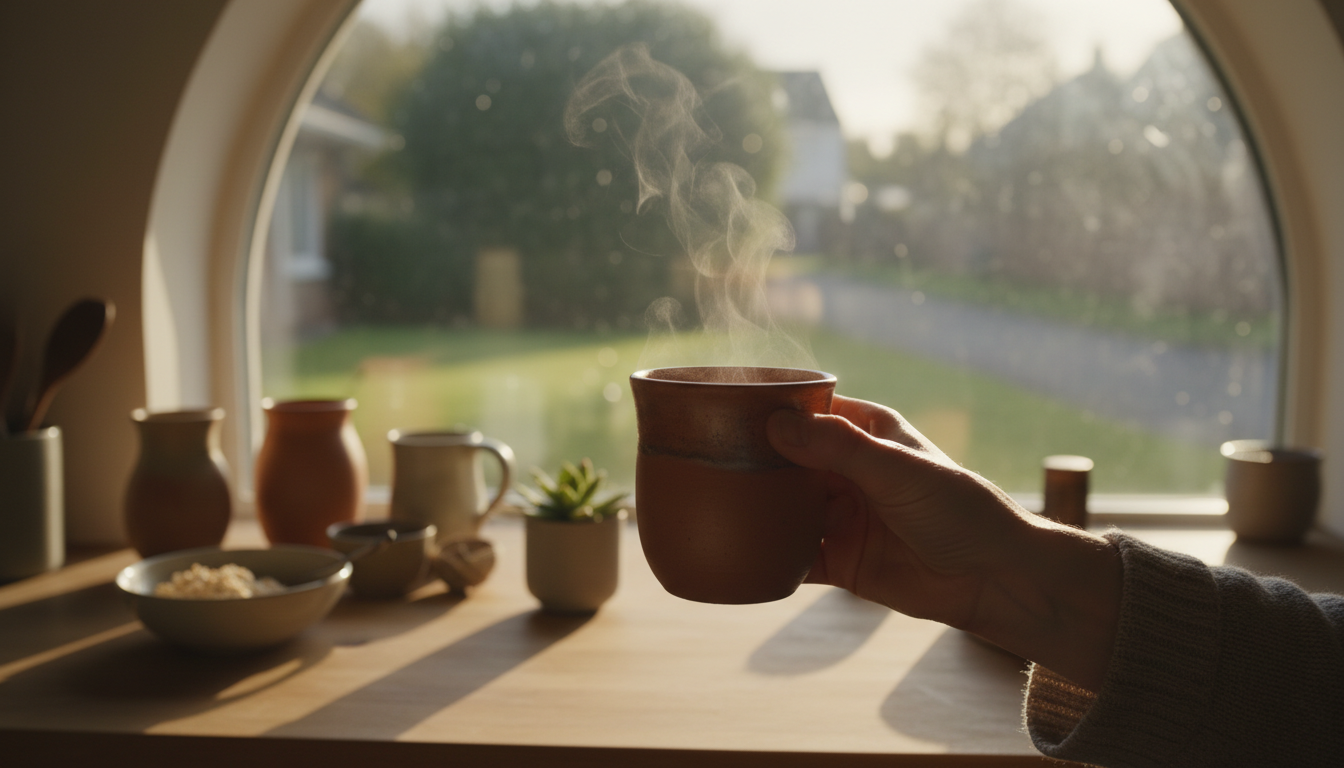 A hand holding a steaming mug at a kitchen window in morning light, with a garden beyond