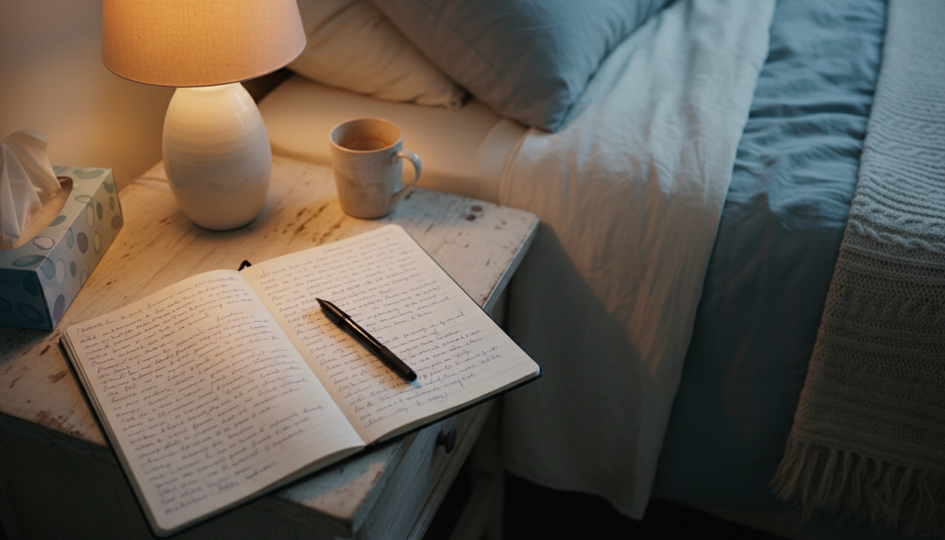An open handwritten notebook and pen on a bedside table beside a lamp and a mug