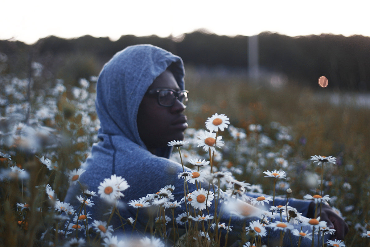 A person in a hooded top sitting among daisies in a field at dusk