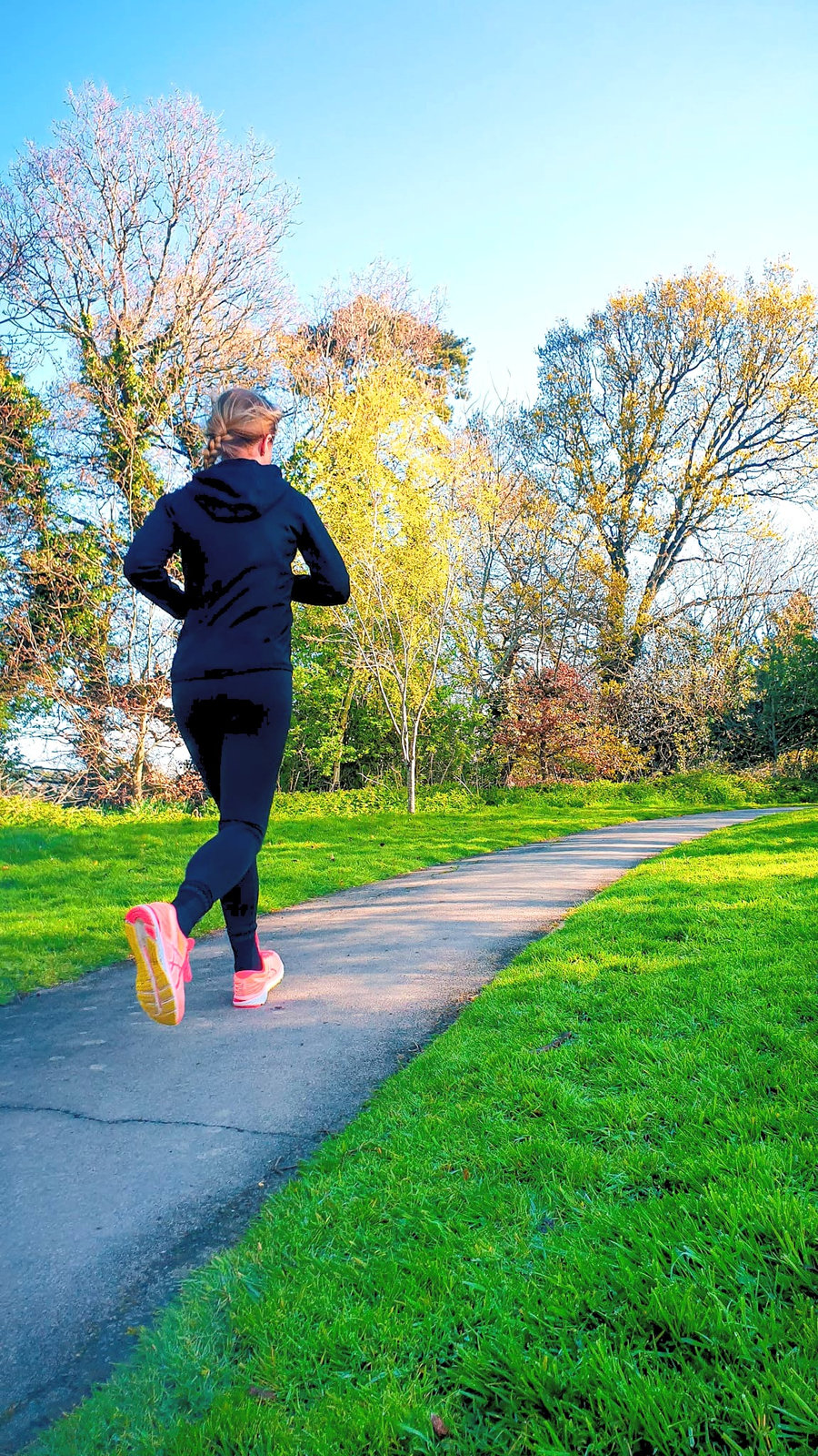 A runner seen from behind on a tarmac path through a sunlit park in autumn